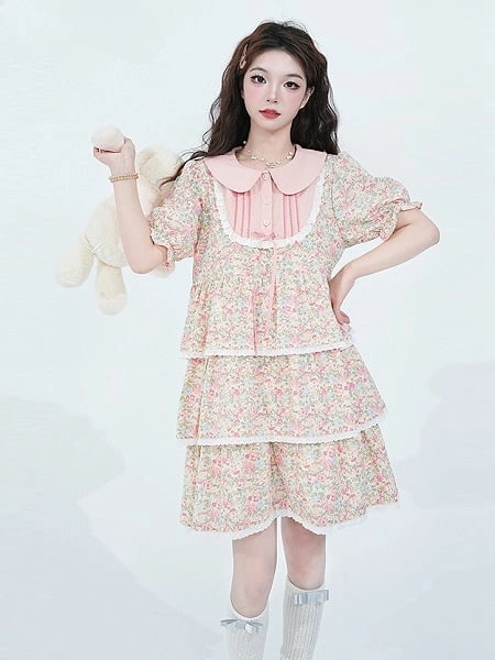 [£46.20]Floral Print Pink Peter Pan Collar Nightgown