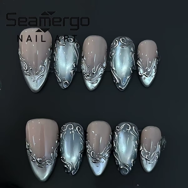 24PCS Silver Cat Eye Nails with Baroque Pattern Design Glossy Almond Gothic Style Reusable False Nails Elegant Edgy Manicure Tip - AliExpress 