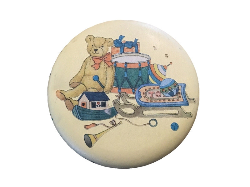 Vintage Round Tin Depicting Your Favourite Toys Multicoloured 3.5” Diameter