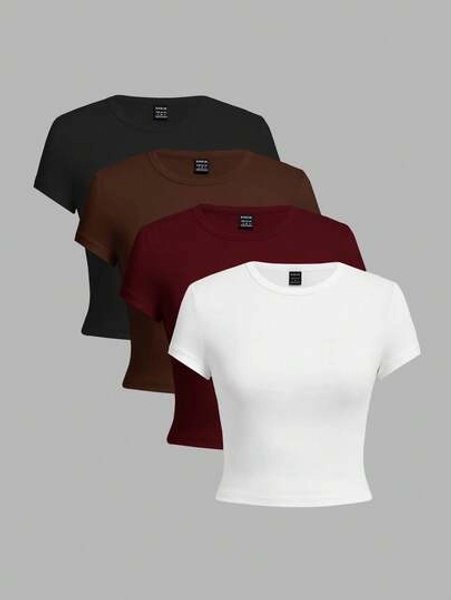 SHEIN EZwear 4pcs/Set Casual Round Neck Short Sleeve Fitted Women T-Shirts, Suitable For Summer Spring