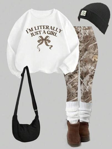 Slaydiva White Top+Camo Pant/Going Out Set For Women/Setup Autumn Winter Women/Fall Clothes For Women/Winter Clothes For Women/Y2k Clothes/Streetwear/Two Pieces Set Women/Back To School/Casual Street/Fit For Hip Hop/"I'm Literally Just A Girl"Letter&Bow,Leopard Graphic