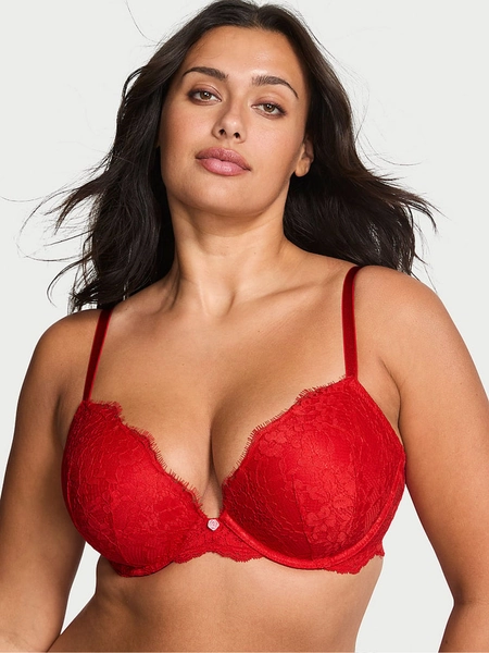 Bright Vermillion Red Push Up Lace Bra