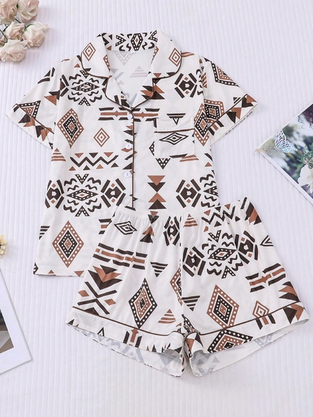 2pcs Retro Print Women Pajama Set, Shirt Collar Short Sleeve Comfy Top And Fitted Elastic Shorts, Stylish Sleepwear Loungewear, Suitable For Holidays, Parties, Casual Home Wear