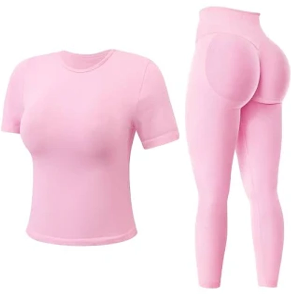 MAYROUND Women's 2 Piece Outfit Gym Scrunch Leggings Short Sleeve Crop Top Set