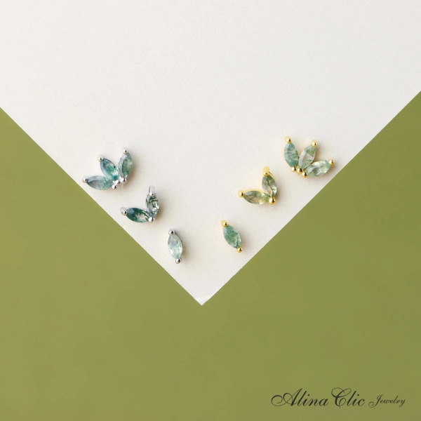Moss Agate Leaf Earrings,Marquise Oval Shaped Earrings,Natural Green Moss Agate Earrings by Alina,Flower Moss Agate Stud Earrings,Helix Stud