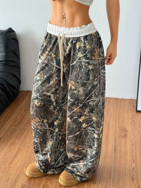 Coolane Women's Spring/Summer Back To School Basic Knit Camo Stretchy Comfortable Army Green Wide Leg Sweatpants