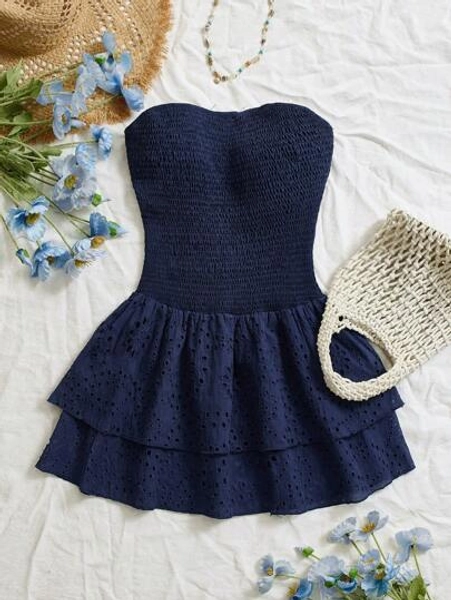 Elamini Vacation Style Navy Blue Shirred Strapless Sexy Hollow Embroidered Ruched Hem Waist-Cinched Dress