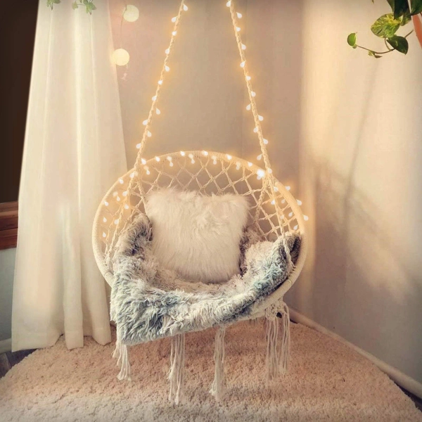 Hanging Chair For Bedroom Hammock Chair Swing With Lights And Hardware Kits Holds Up To 550Lbs Macrame Swing Chair Hanging Cotton Rope Swing Chair(Beige) | Wayfair