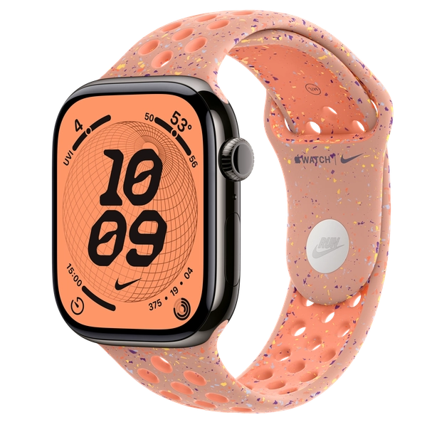 Apple Watch Series 11 GPS + Cellular, 46mm Slate Titanium Case with Alpenglow Pink Nike Sport Band - S/M
