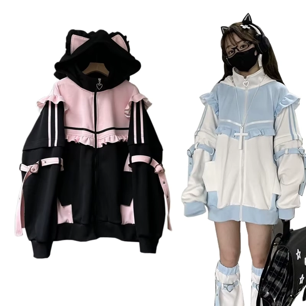 Cute Cat Ears Contrast Color Hoodies Coat Women Ruffled Patchwork Loose Sweatshirt Harajuku Zipper Y2k Aesthetic Casual Hoody - AliExpress 