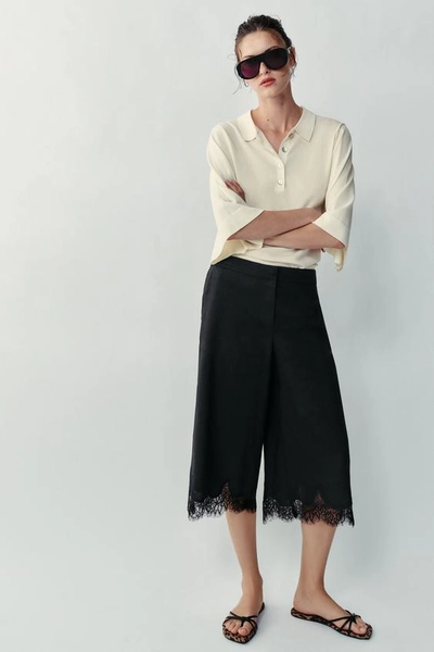 BERMUDA LONG EN LIN ET DENTELLE - Noir - XS