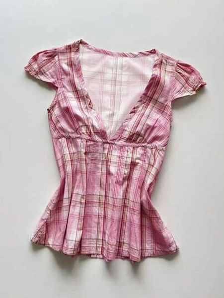 Glimmora V-Neck Cap Sleeve Fitted Plaid Blouse For Women - Size L
