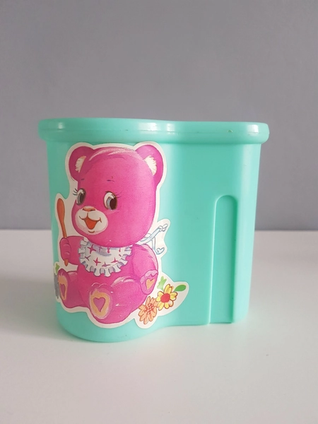 Vintage 80s Toy. 'Oscar' Baby Doll Bottle Holder Pink Teddy Sticker. Retro Toy.