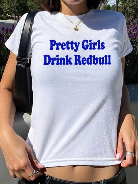 SHEIN EZwear Women Slogan Print Casual Short Sleeve Cropped Round Neck T-Shirt