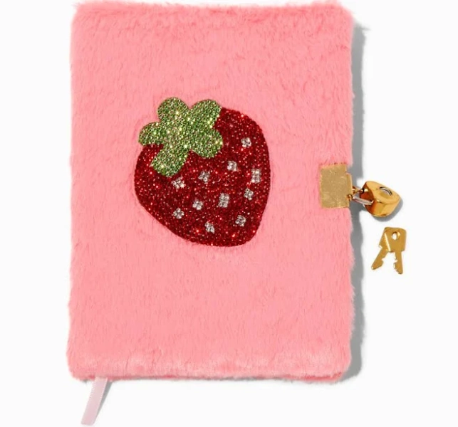 Claire's Rhinestone Strawberry Pink Furry Lock Diary