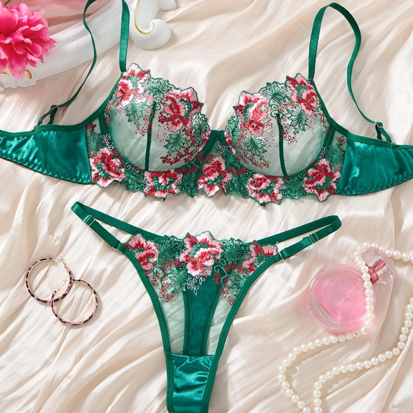 Green Field Full Bloom Heavy Embroidery Red Green Contrast Bra Set Thin Sheer Mesh Sexy Lingerie G-String