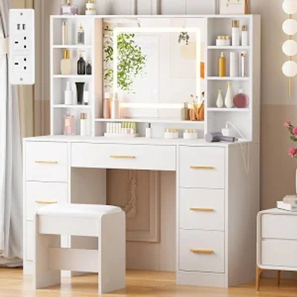 ANWBROAD Dressing Table with Lighted Mirror Makeup Vanity Desk with Power Outlet 7 Drawers 3 Colors Lighting Adjustable Brightness Modern Vanity Table
