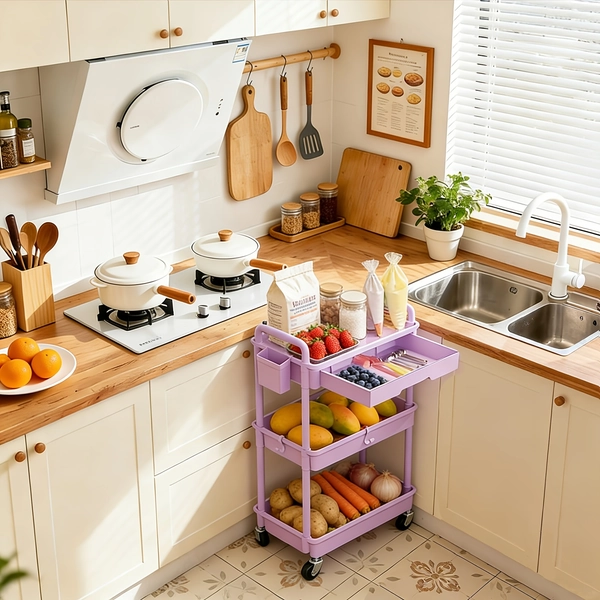 Multi-Functional 3/4 Tier Rolling Storage Cart With Drawers - Durable Plastic Organizer With Lockable Wheels, Cup Holder & Hooks-Space-Saving Solution For Kitchen, Bathroom, Living Room - Ideal For Kitchen Accessories, Wedding Decorations Gift