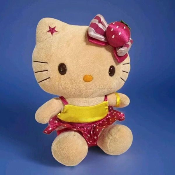 Rare HTF Sanrio 2010 Tan Strawberry Bow Hello Kitty Stuffed Plush Pink & Yellow
