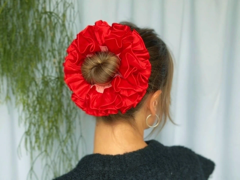 Double Layered Satin Ruffle Scrunchie – Oversized Handmade Hair Accessory with Cotton Core
