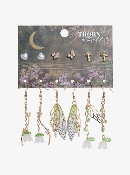 Thorn & Fable Green Floral Butterfly Earring Set
