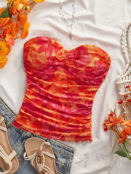 SHEIN VCAY Knitted Mesh Printed Tight Fitting Top For Women, Knitting Graphic Printed,Elegant Summer Vacation Woman,Bohemia Beach Vacation,Boho Chic,Country Concert,Holiday Festival,Beach,Old Money Style Women,Tube Top,Graduation