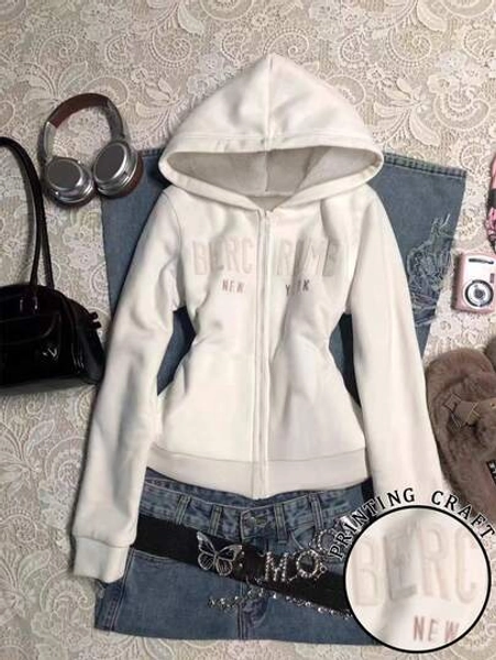 Noixe Women's Letter Graphic Long Sleeve Zip-Up Hooded Sweatshirt, Casual & Thermal Lined, Autumn/Winter