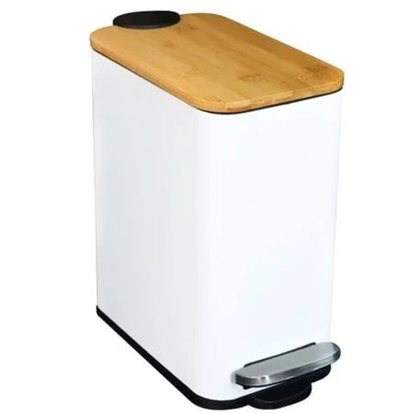 Bathroom Trash Can with Bamboo Lid Soft Close and Foot Pedal, Small Rectangular Slim Garbage Can with Inner Wastebasket for Bedroom, Office, Kitchen,