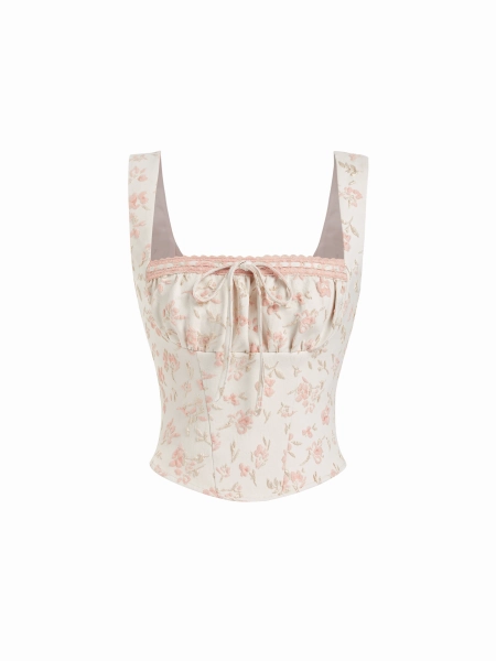 Floral Jacquard Square Neck Bowknot Lace up Crop Tank Blouse