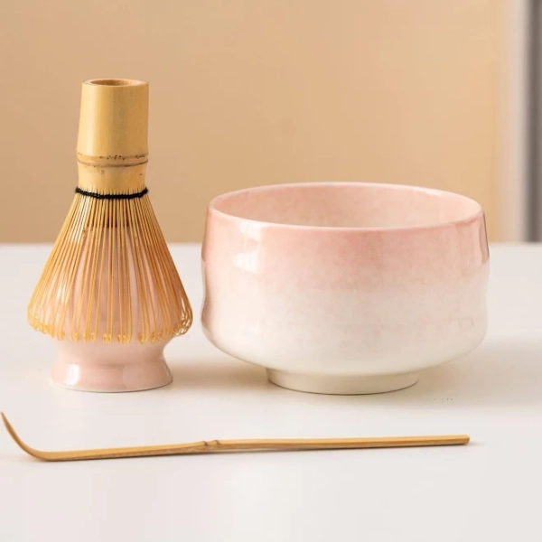 Gradient Pink Ceramic Matcha Bowl Set with Bamboo Whisk and Chasen Holder