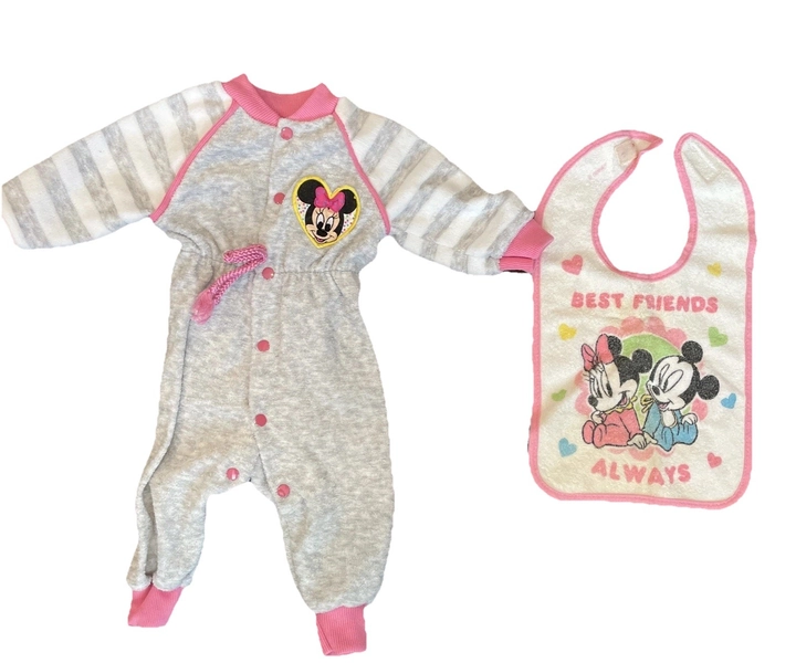 Vintage 80s Minnie Play School Minnie Romper (0-3MONTHS) Terry Cloth Grey Pink