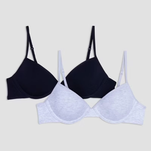 Hanes Girls' 2pk Cotton Molded T-Shirt Bra - Gray/Black 30A: Adjustable Straps, Breathable Fabric