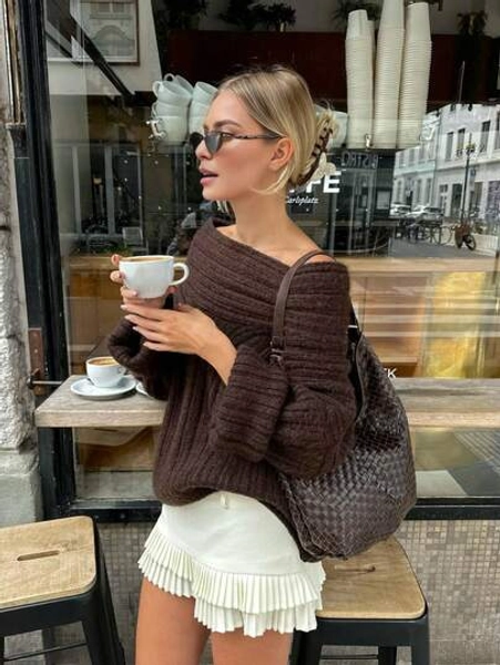 Senya Autumn And Winter New Solid Color One Shoulder Long Sleeved Knitted Jumper Tops For Women,Fashion Loose Off Shoulder Sexy Style Sweater Pullover