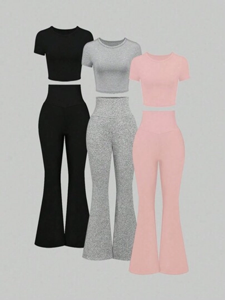 INAWLY 2pcs Plus Size Solid Color Slim Fit Short Sleeve Top And Long Pants Set