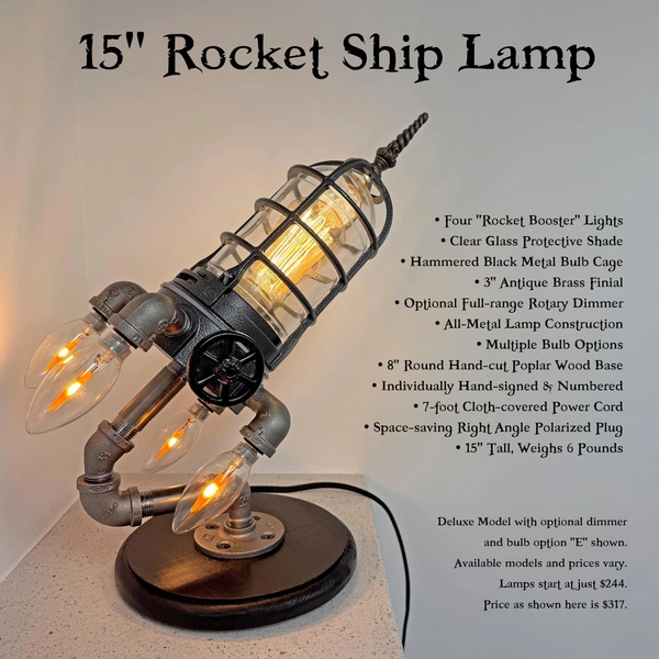 15" Rocket Ship Spaceship Steampunk Industrial Pipe Desk Lamp with 4 booster lights, 8" round wood base, multiple model and bulb options