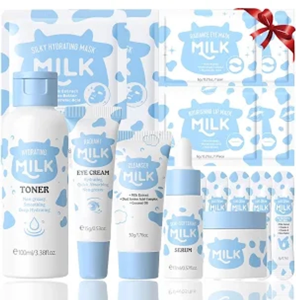 16PCS Milk Skin Care Sets & Kits - Milk Skincare Set for Kids & Teenage Girls, Skincare Set with Cream, Toner, Eye Cream, Cleanser, Serum, Lip & Eye