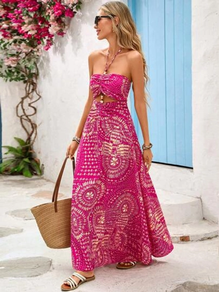 Vivid Eden Summer Outing Holiday Date Dress, Summer Vacation Neck Strap Waistband Hollowed-Out Beaded Decoration Bohemian Style Print Women's Dress, Summer Vacation Beach Dress, Back-To-School Outfit, Very Simple Outfit, Office Outfit, Old Money Outfit, Teacher Outfit, Date Outfit, Graduation Season, Women's Independence Day Dress, Summer Outing Wedding Season Sister Afternoon Tea Party Festival Dress