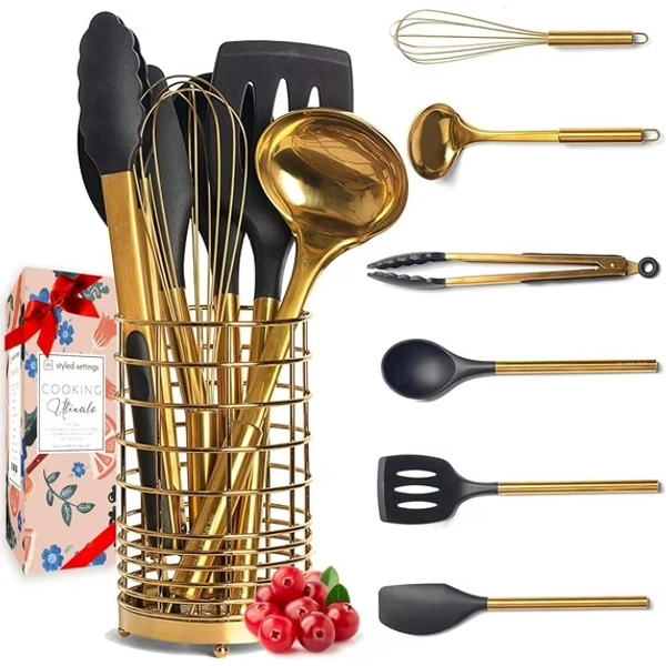 Styled Settings Black & Gold Silicone Kitchen Utensils Set with Gold Utensil Holder