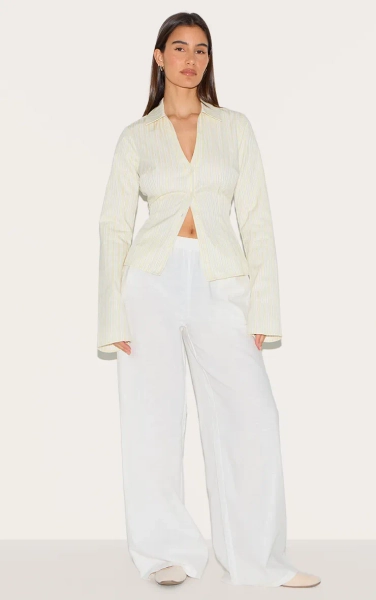 White Cotton Linen Blend Elasticated Waist Straight Leg Trousers