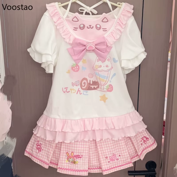 Japanese Sweet Lolita 2 Piece Sets Women Cute Bow Cartoon Bunny Short Sleeve T-Shirts Cake Mini Skirts Girls Kawaii Y2k Outfits - AliExpress 200000345