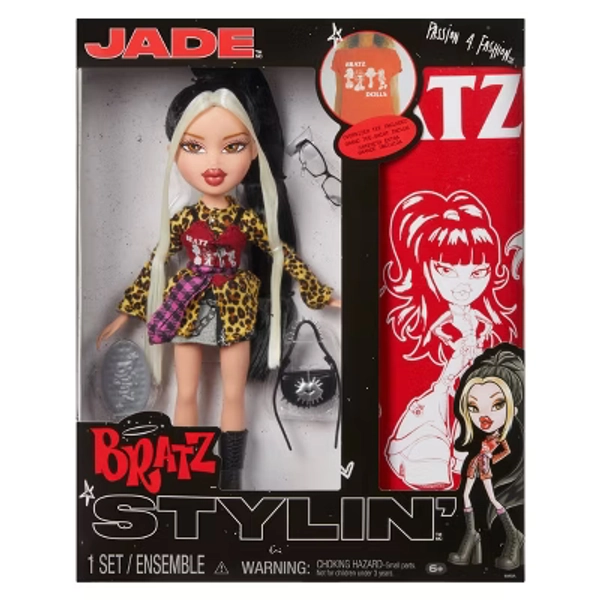 Bratz Stylin' Jade Fashion Doll with Accessories and Customizable T-Shirt for You: Articulated, Fine Motor Skills, Removable Clothes