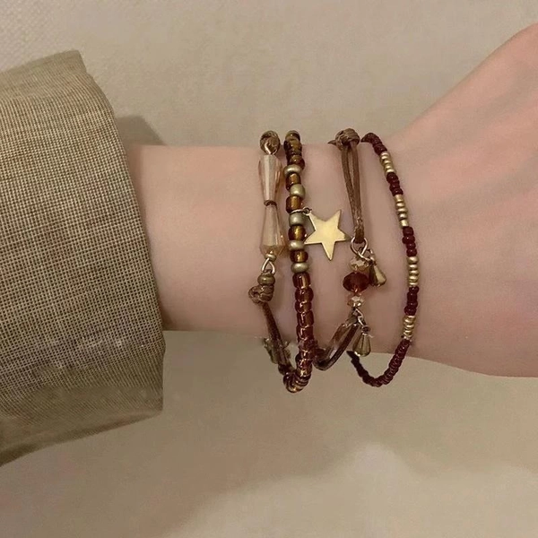 [Luxury Bohemian Bracelet] 4pcs Luxury Bohemian Resin Beaded Bracelet Set | Vintage Ethnic Brown Stackable Jewelry, Daily & Gift Occasion Accessories for Women