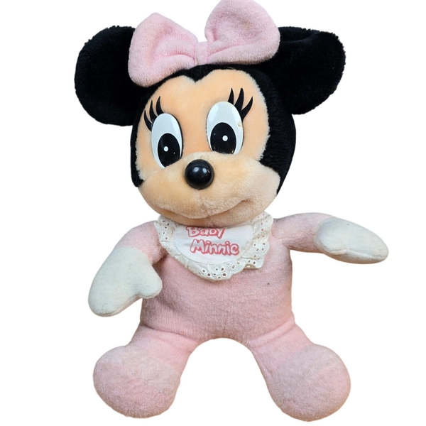 Vintage 1980s Disney Baby Minnie Mouse with Bib Stufffed Plush Toy 13 Inch Pink