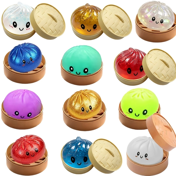 9pcs, 3 Steamed Buns, 3 Steamer Lids, and 3 Steamer Bottoms, Cute Stress-Relief Soft Steamed Bun Stress Balls, Dumpling Soft Toys, Sensory Toys, Stress-Relief Squeeze Dough Ball Toys, Soft Stress-Relief Toys, Colors Random