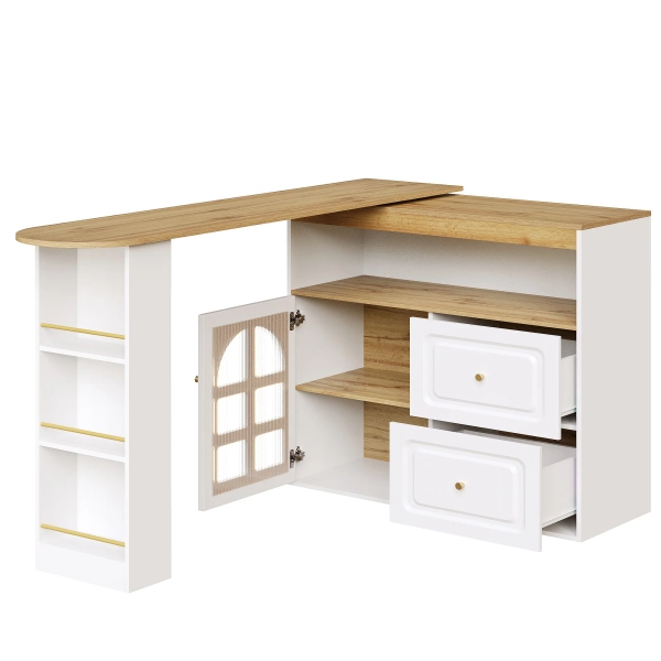 Table de Bar Extensible - 138-204x39x104 cm - Rotative 360° - 2 Tiroirs & 3 Étagères & 1 Porte - Rangement Ouvert - Blanc | Leroy Merlin