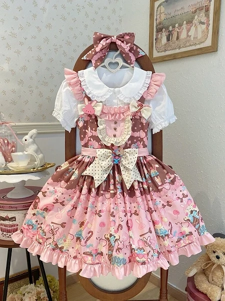 [£24.36]Bunny and Dessert Print Pink High Waist Sweet Lolita Dress