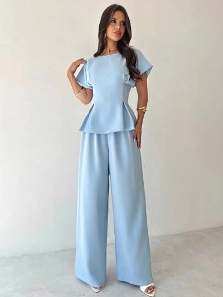 Firerie Summer Women's New Simple Elegant Commute Vacation Retro Graduation Daily Versatile Apricot Yellow Bamboo Texture Fabric Round Neck Short Sleeve Waist Pleated X-Shaped Regular Shirt Top + Loose Wide Leg Pants 2 Pieces Set, Teacher Outfit, Retro Style, Office Outfits For Women, Office, Airport Outfit, Travel Outfit Airport, Going Out Outfits