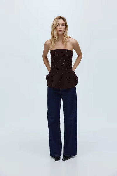Bead-Embellished Bandeau Top - in gray