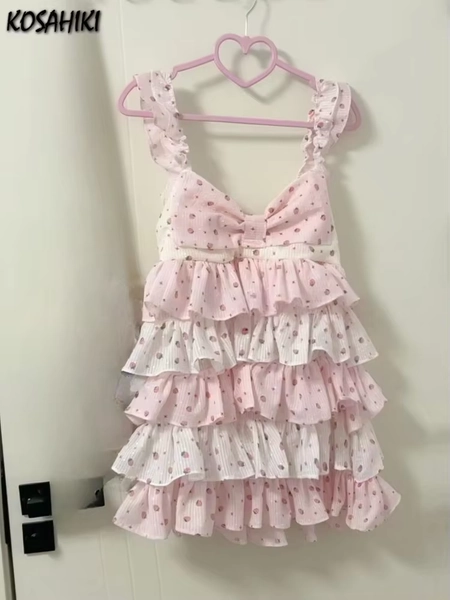 Strawberry Print Cute Dress Women Contrast Patchwork Y2k Aesthetic Dresses Vintage Sleeveless Kawaii Girl JK Ruffled Vestidos - AliExpress 200000345