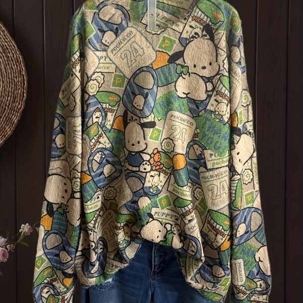 Plus Size - Plus Size - Plus Size Women'S Cozy Sweater - Cute Cartoon Dog Design with Hearts & Stars, Soft Stretchy Fabric, Round Neck Pullover for Fall/Winter, Casual Winter Wear, Winter Clothing | Playful Design | Medium Stretch Fabric